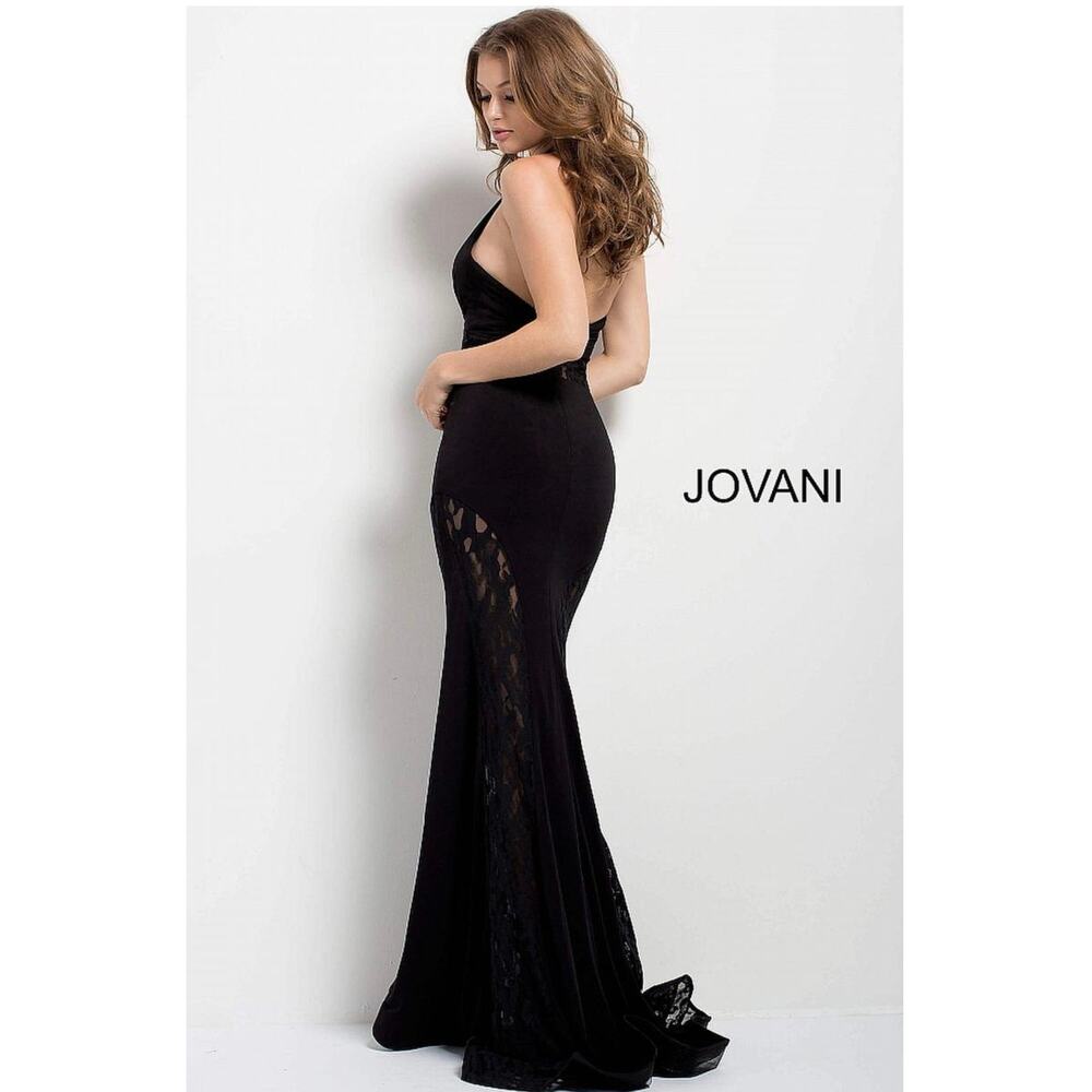 Black Gothic Halter Plunging Evening Gown Lace Panels Sz 8 by Jovani MSRP $500